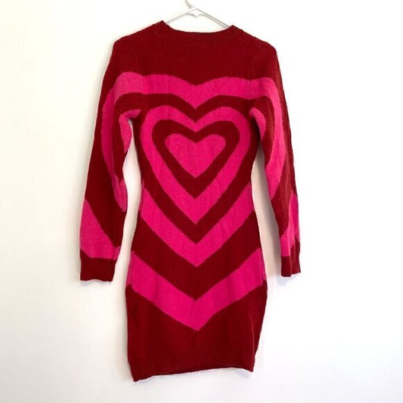 SHEIN Allurite Heart Pattern Round Neck Sweater Dress Pink Red Fitted Bodycon - Picture 12 of 14
